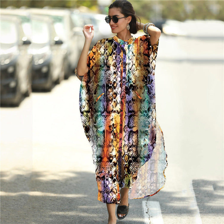 Four-Sided Elastic-Printed Beach Blouse Loose Pocket Single-Breasted Vacation Dress