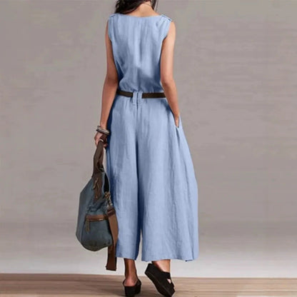 Sleeveless V-Neck Self Belt Linen Wide Leg Cropped Jumpsuit