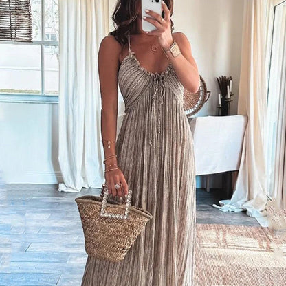 Summer New Solid Color Sexy Open Back U-Neck Strap Back Long Dress