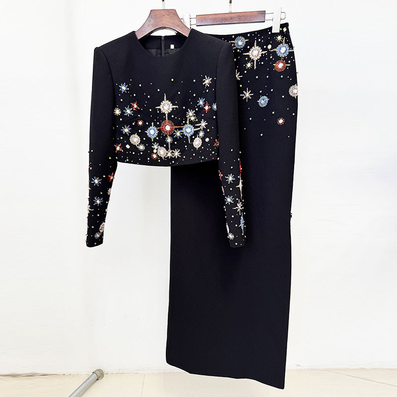 Short Top And Long Skirt Set With Beads And Rhinestones