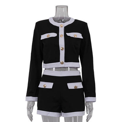Modern Black And White Color Block Twill Set For Women