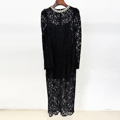Beaded Long Sleeve Lace Dress Elegant Casual Style