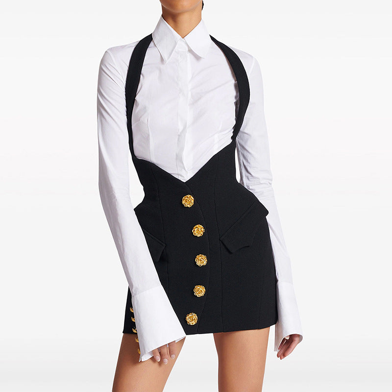 Metal Buckle Halter Mini Skirt Set