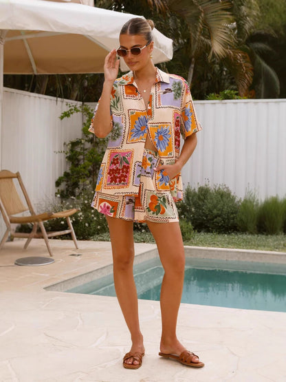 Elegant Floral Print Linen Short Set for Casual Wear