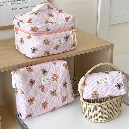 Cute Pink Striped Bear Makeup Bag Portable Cartoon Toiletry Pouch