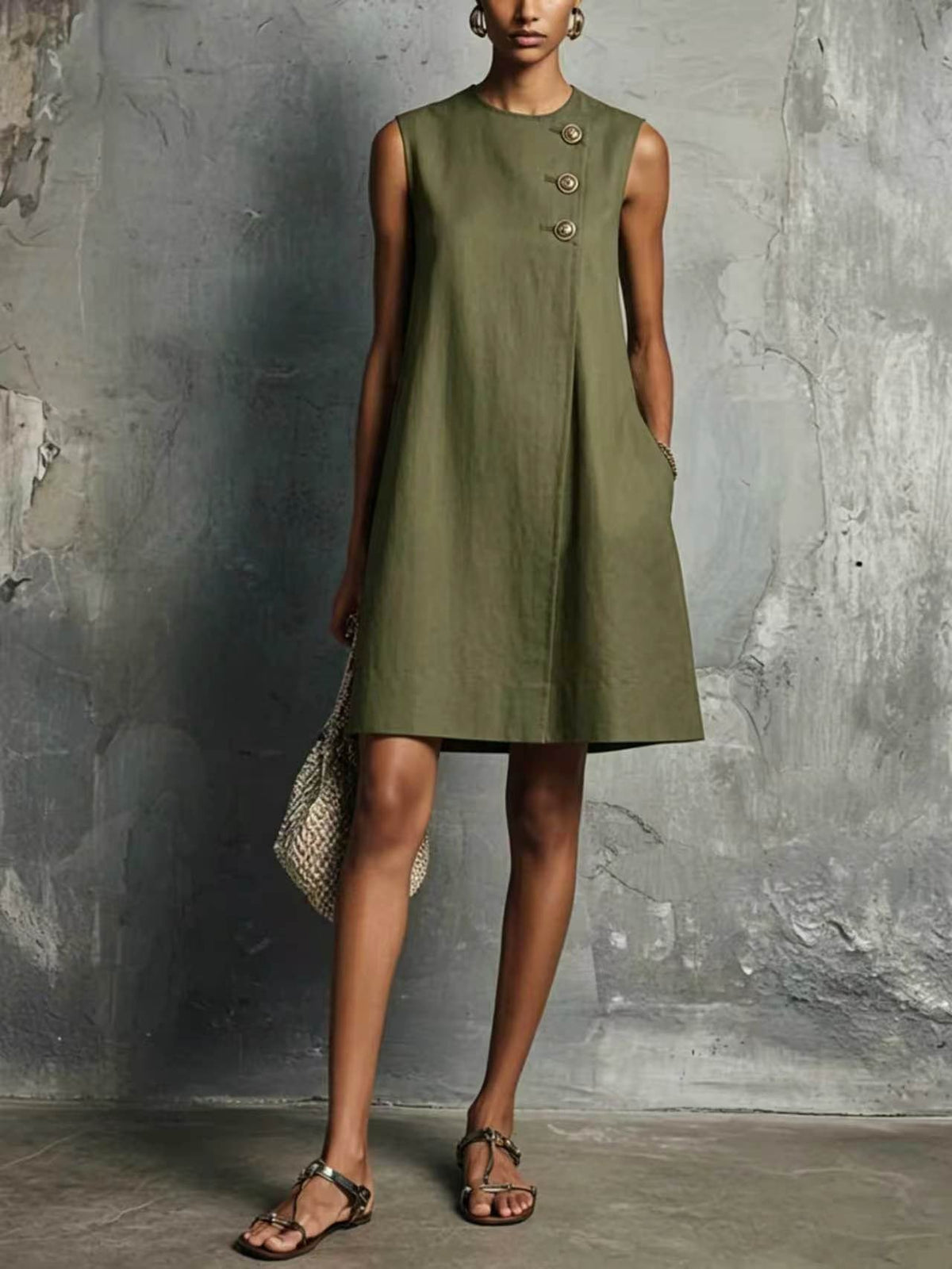 The Sculptural Button Shift Mini Dress