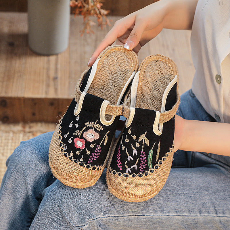 Summer New Ethnic Style Embroidered Slippers Women'S Beef Tendon Bottom Cloth Shoes Women Hand-Woven Linen Straw Shoes