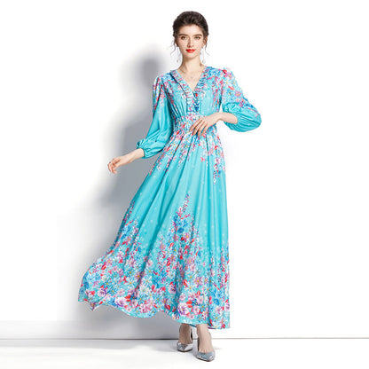 Spring And Autumn V-Neck Long Sleeves Temperament, Ruffled Lace Balloon Sleeves, Long Print Waist Dress