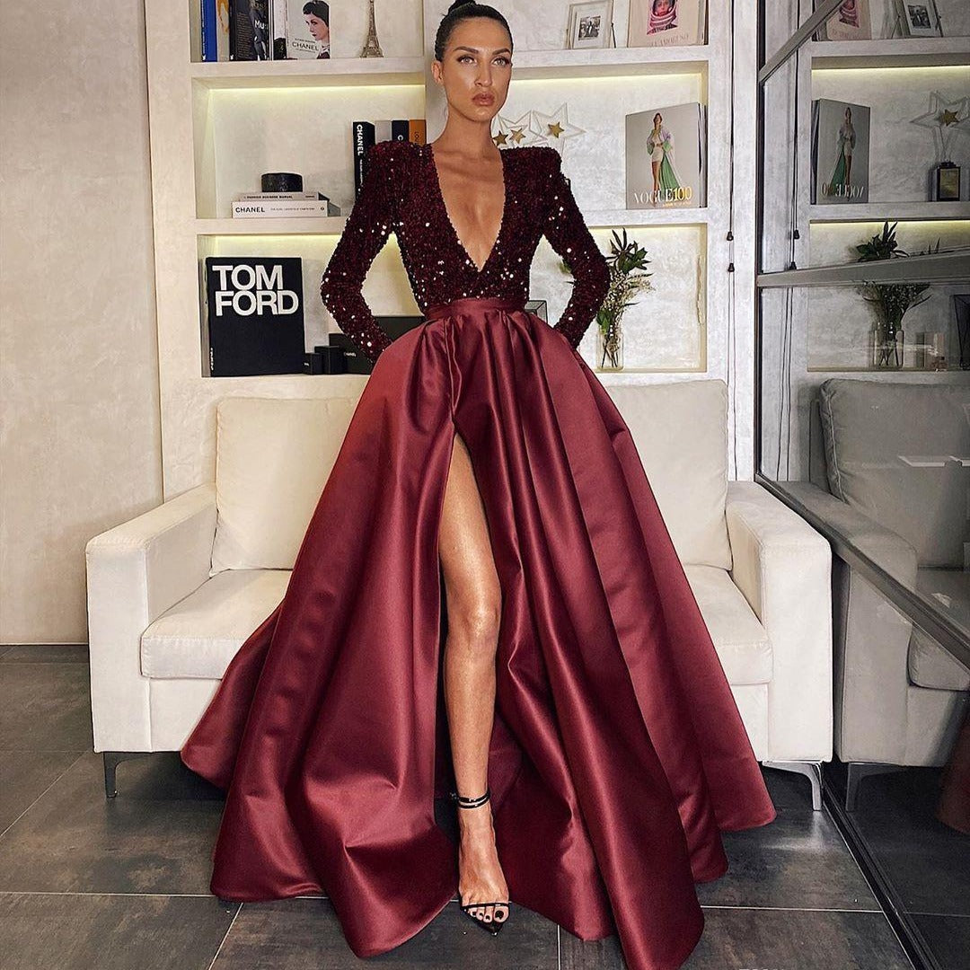 Sequined V-Neck A-Line Maxi Dress with Long Sleeves