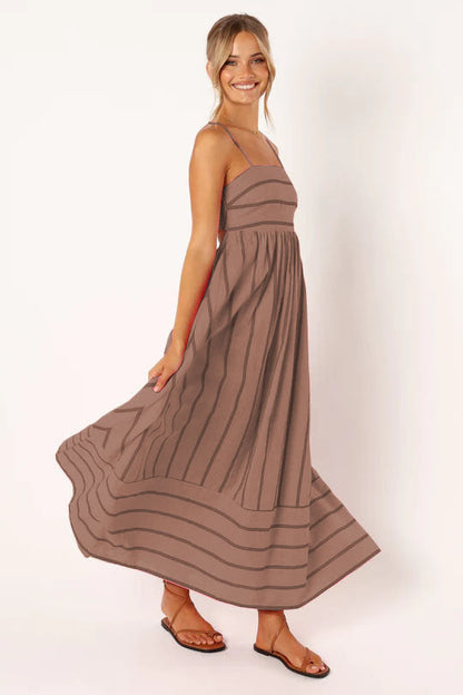 Striped Color Block Backless Spaghetti Dress