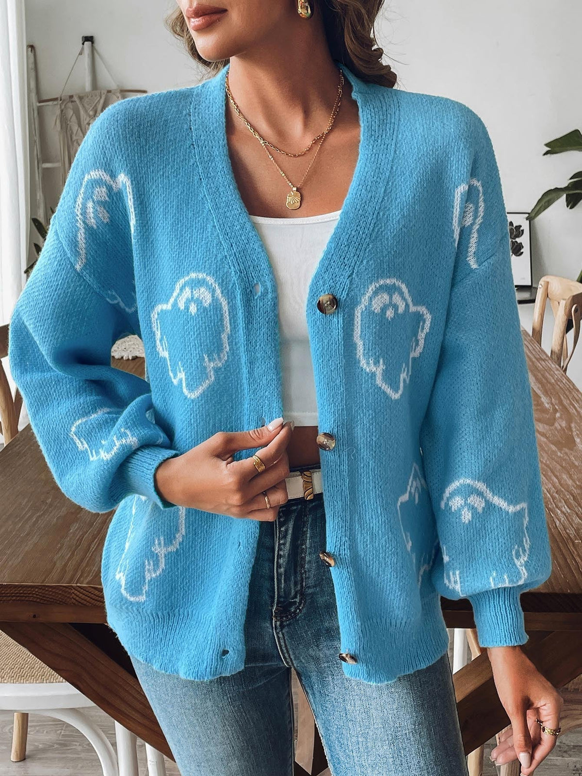Halloween Cartoon Ghost Buttons Knit Cardigan