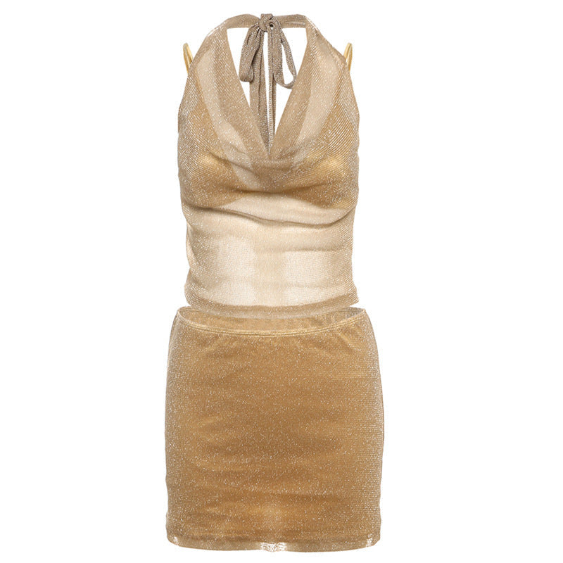 Sexy Solid Gold Halter Neck Top And Mini Skirt Set