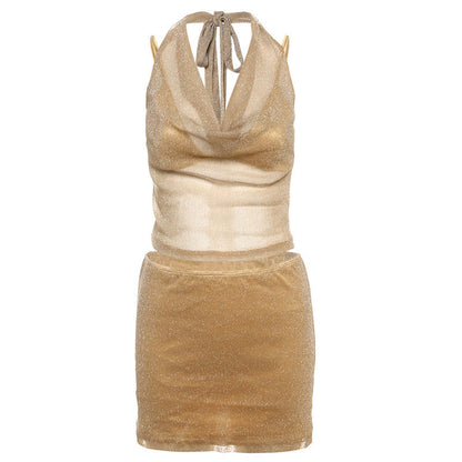 Sexy Solid Gold Halter Neck Top And Mini Skirt Set