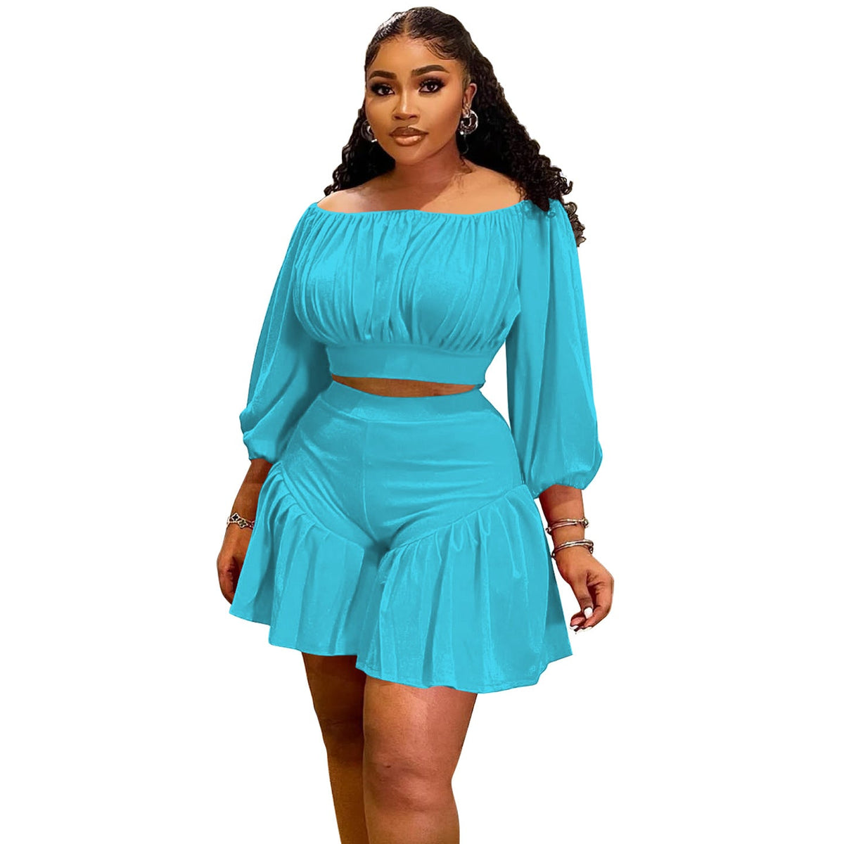 New Plus Size Two-Piece Women'S Set With Ruffled Off-Shoulder Design