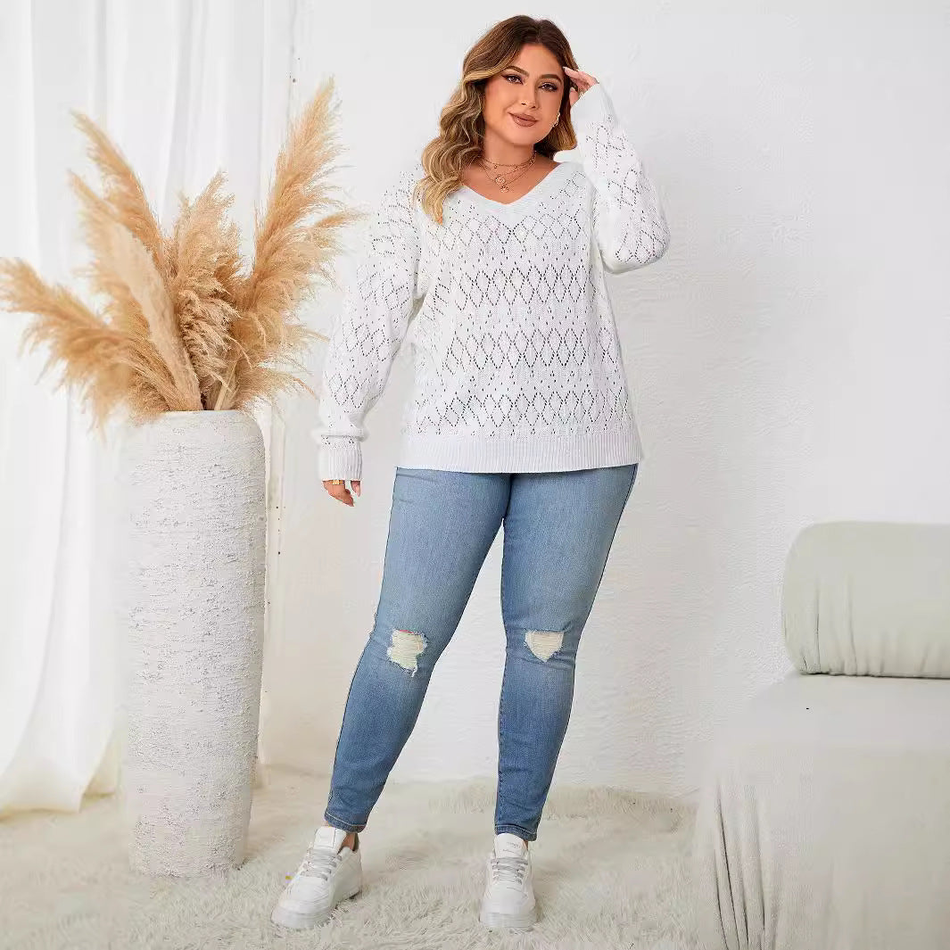 Oversized Hollow V-Neck Knit Sweater for Plus Size Women