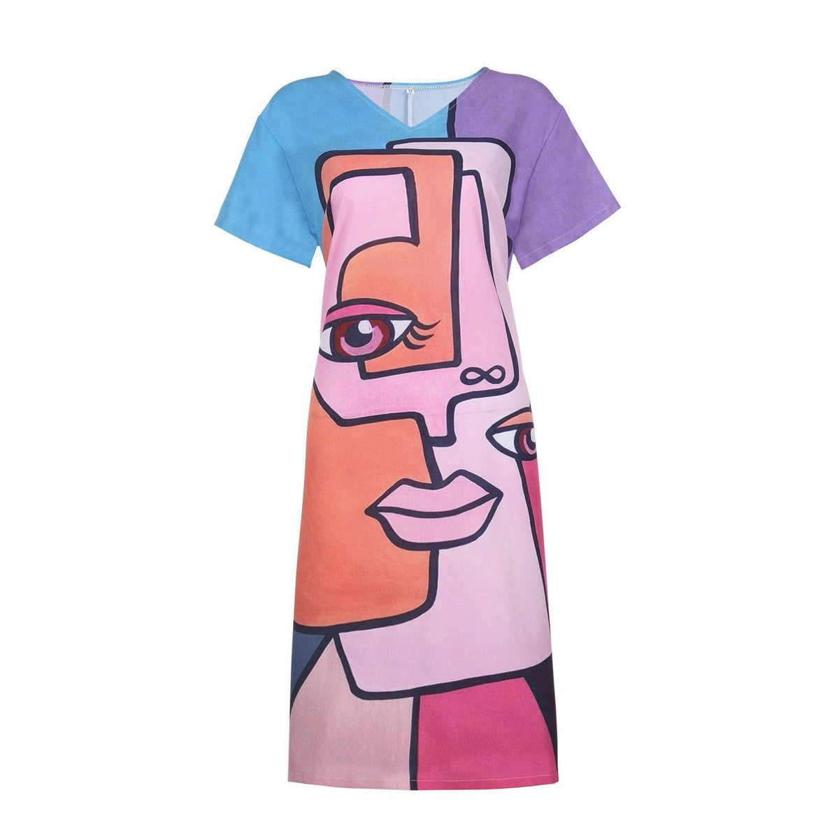 The Pop-Up Face Print V-Neck Short-Sleeve Floral Colorful Women'S Boho Dress