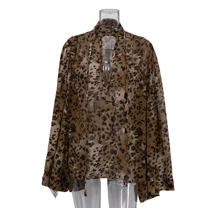 Animal Print Mesh Collar Long Sleeve Blouse