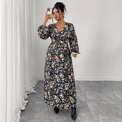 Printed V-Neck High-Waist Loose Maxi Dress