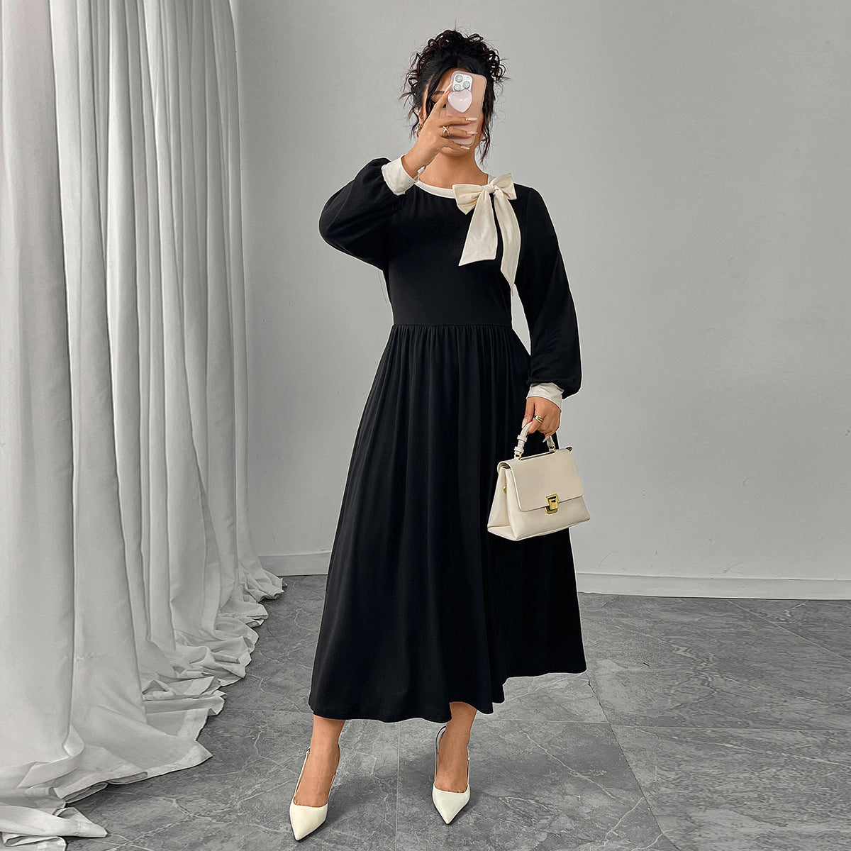 Color Block Bow Accent Midi Dress For Women