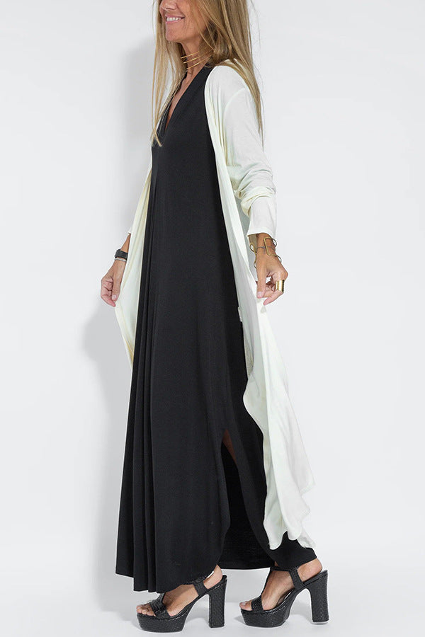Solid Color V-Neck Maxi Dress and Cardigan Set for Women
