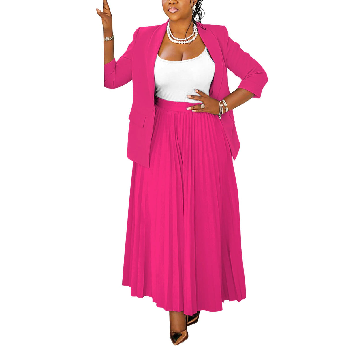 Elegant Women'S Blazer And Pleated Skirt Set