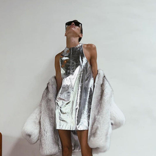 Sleeveless Silver PU Mini Dress for Night Out
