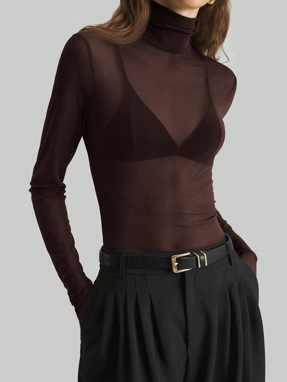 Mesh High Neck Long Sleeve Sheer Blouse