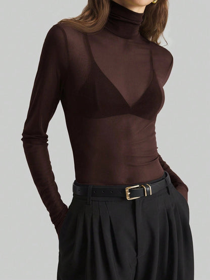 Mesh High Neck Long Sleeve Sheer Blouse