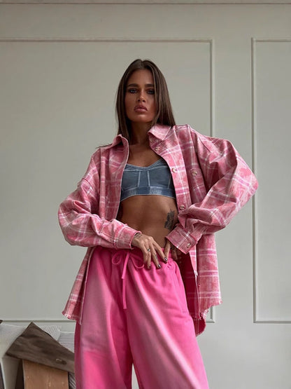 Retro Checkered Pink Shirt Loose-Fit Casual Top