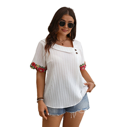 V-Neck Loose-Fit Short Sleeve Top With Embroidery