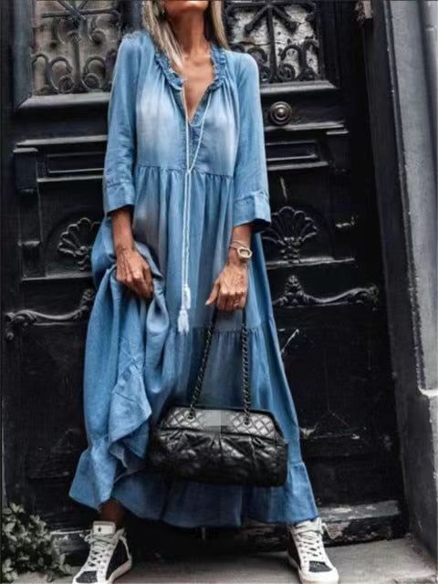 New Washed Denim Large Swing Long Skirt With Medium And Long Sleeves