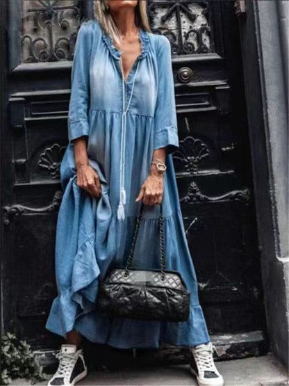 New Washed Denim Large Swing Long Skirt With Medium And Long Sleeves