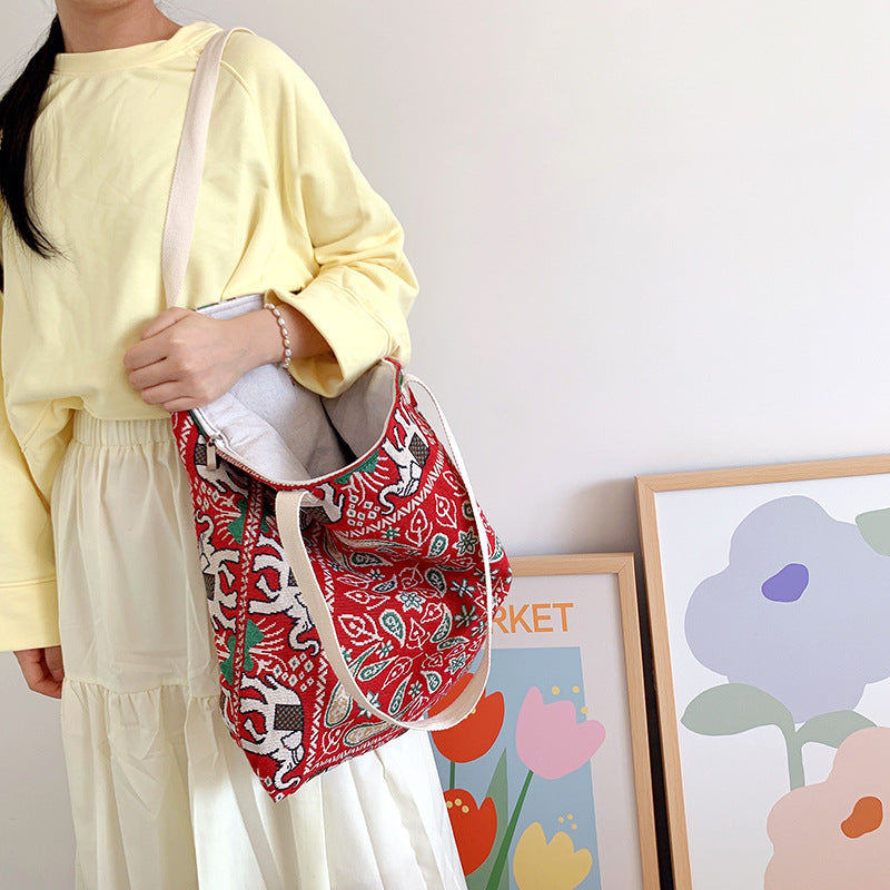Vintage Ethnic Style Red Elephant Embroidery Bag, Literary Travel Bag, Shoulder Bag, Hand-Held Cross-Body Shopping Bag
