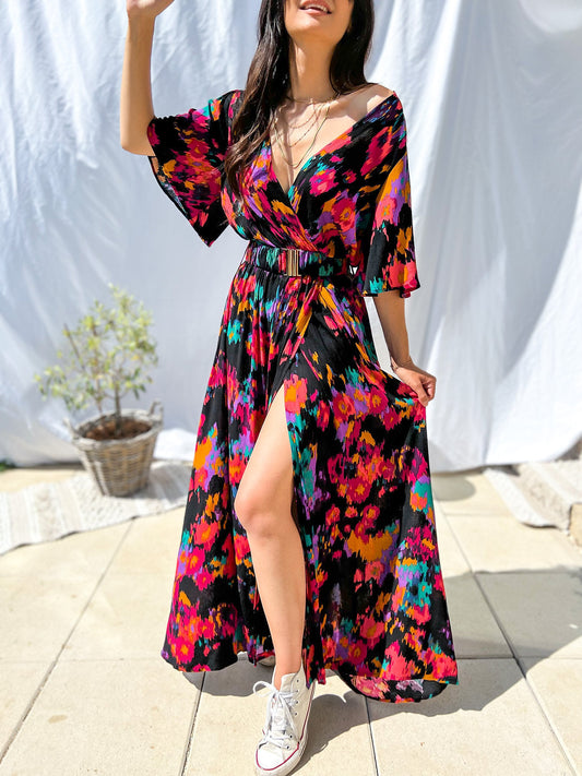 V-Neck Belt Print Dress Long Dress