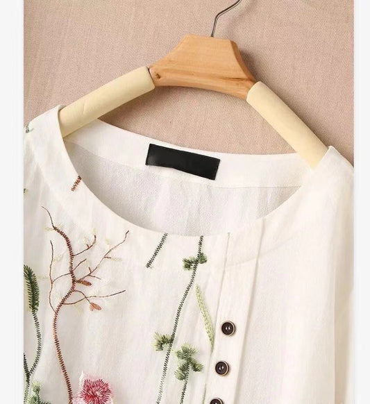 New Autumn Shirts Women'S Loose Cotton Hemp Pullover Embroidered Round Neck Top Large Pullover White Shirt