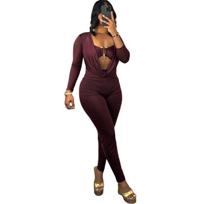 New Sexy Solid Color Jumpsuit With Wrap Neckline And Fitted Waist
