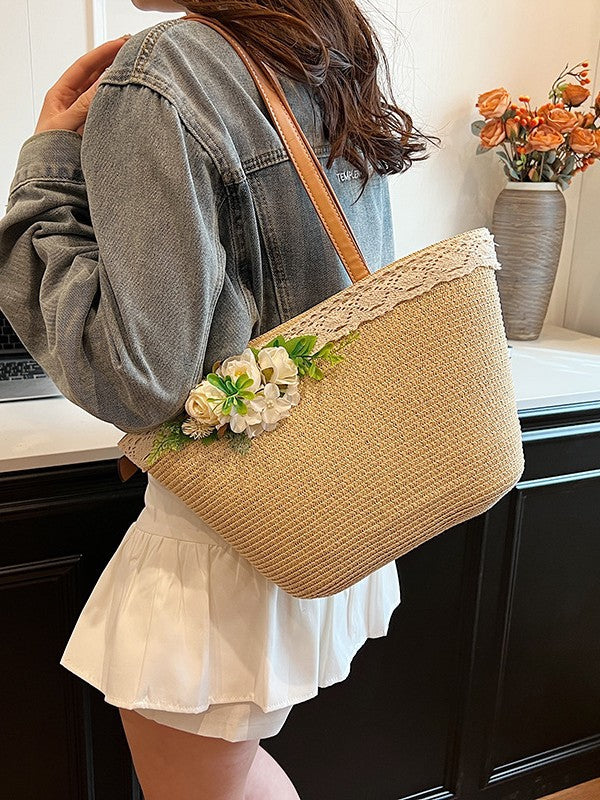 Women's Floral-Sunshine Shoulder Bag Trendy Straw Tote