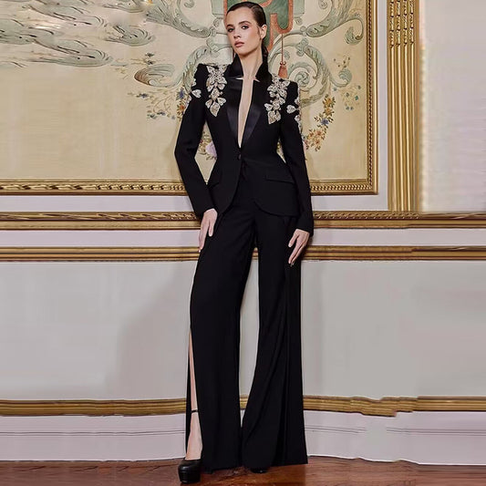 Trendy Black Blazer Suit Set With Sparkling Rhinestones