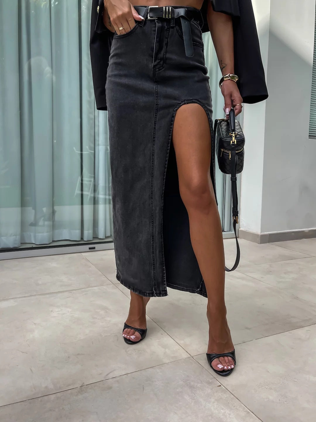 Vintage High-Waisted Denim Maxi Skirt with Slit