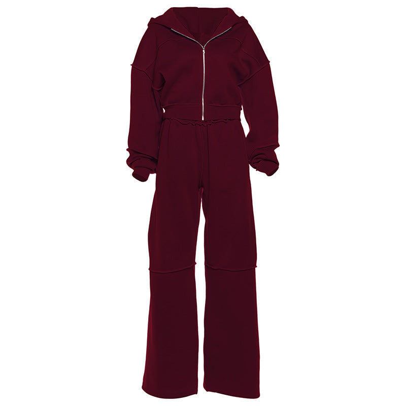 Hooded Long Sleeve Zip-Up Jacket And Loose Trousers Set