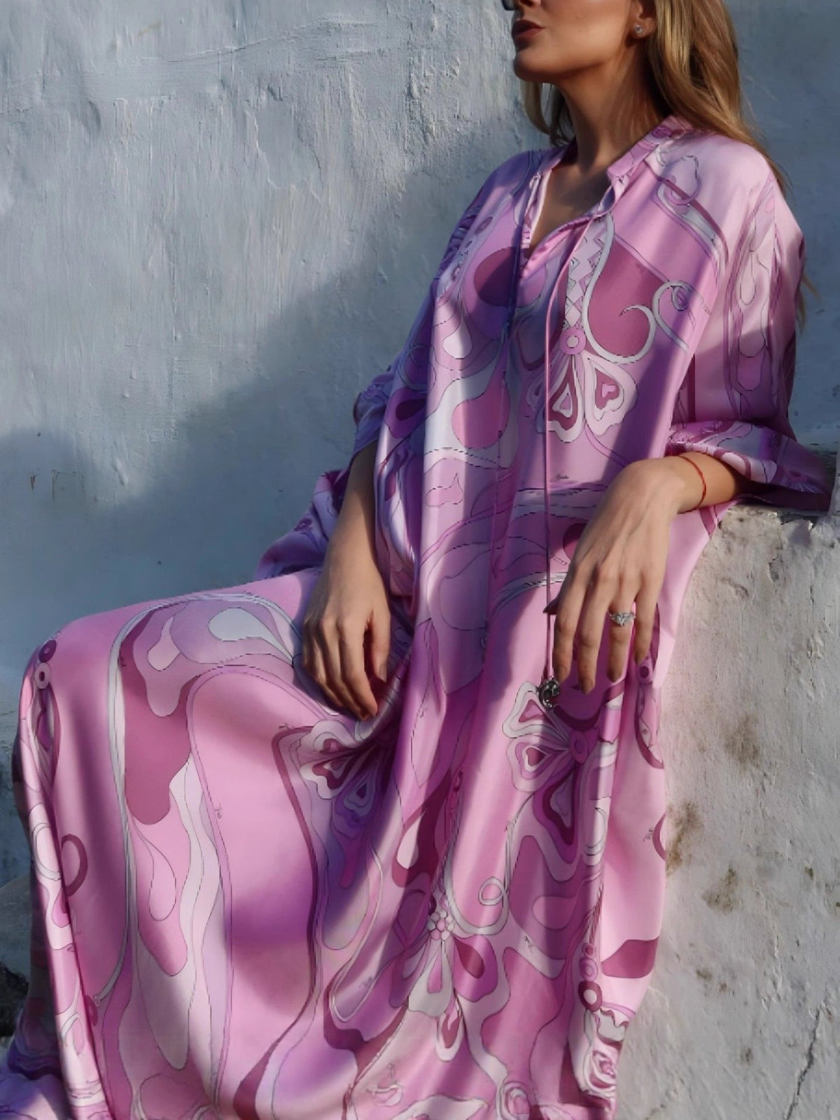 New Floral Print A-Line Dress with V-Neck and Batwing Sleeves