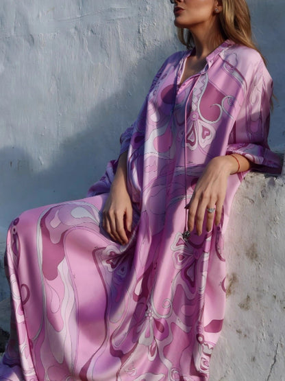 New Floral Print A-Line Dress with V-Neck and Batwing Sleeves