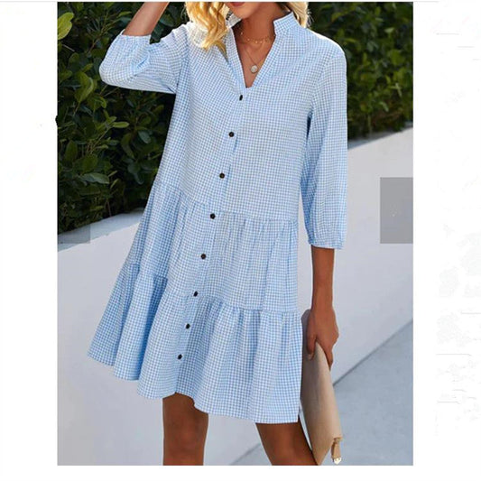 Women'S Spring 5/4 Sleeve Women'S Checkered Standing Collar Shirt Dress