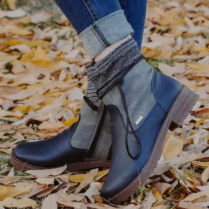 Round Toe Women'S Leather Boots With Side Zipper, Thick Heel, Warm Martin Boots, Low-Heeled Plus Size Women'S Boots