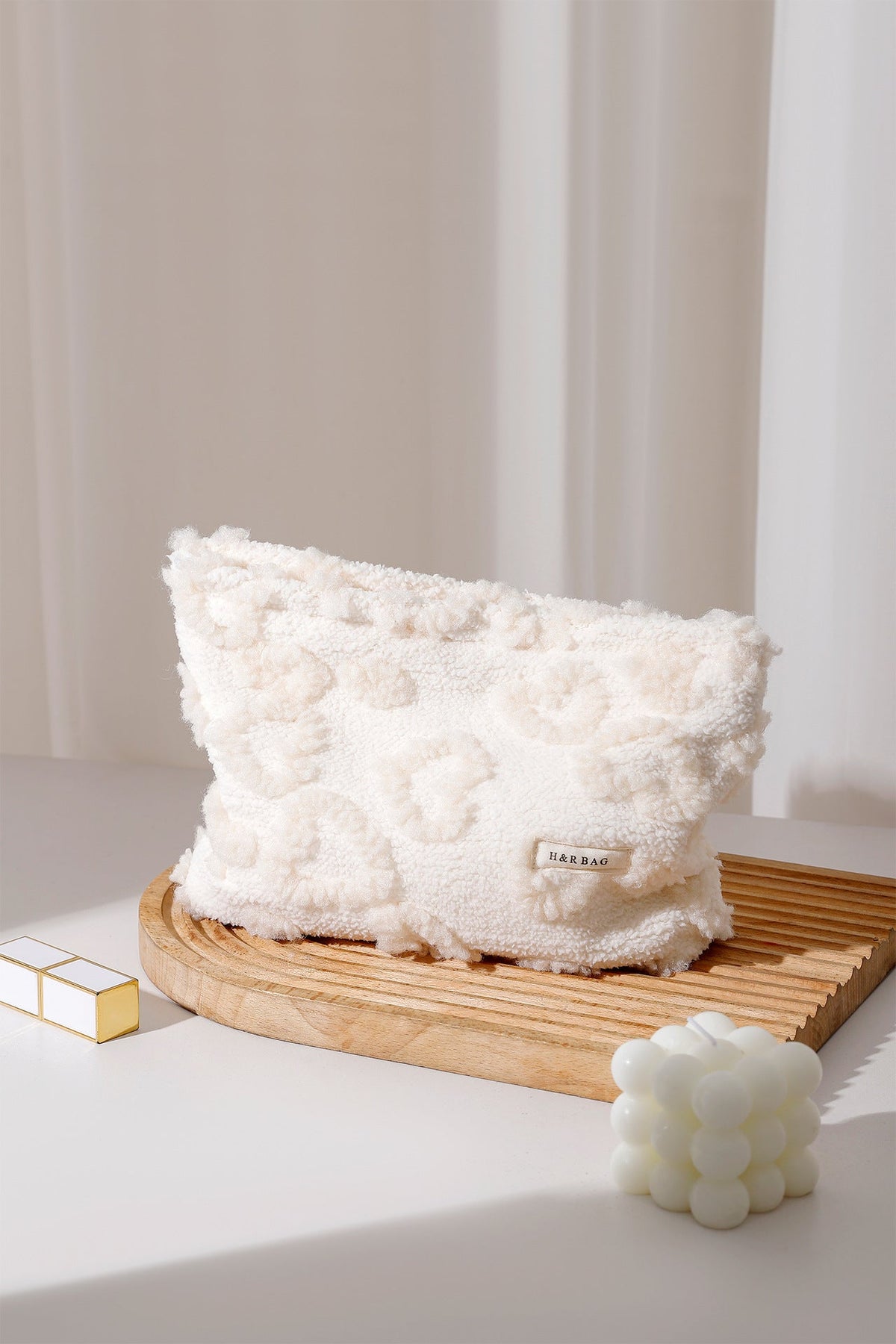 White Plushed Love Jacquard Make Up Bag
