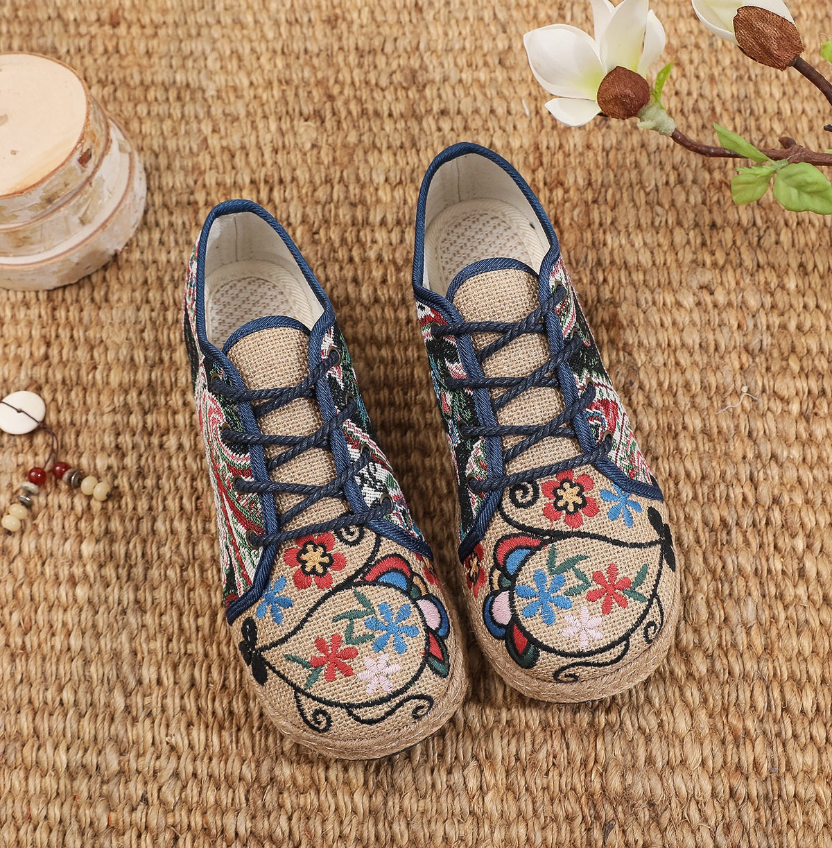 Ethnic Style Lace Up Art Linen Casual Shoes Cotton Linen Embroidered Shoes Women'S Shoes