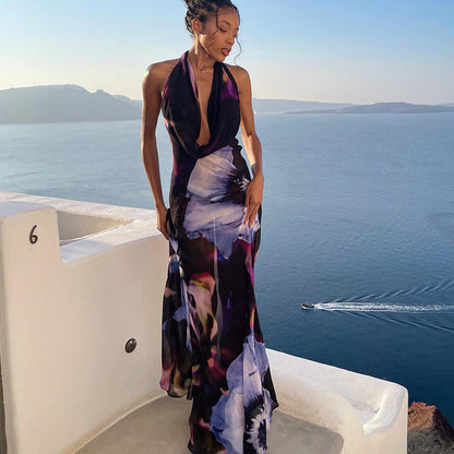 Colorful Digital Print Sleeveless Maxi Dress With Deep Neckline