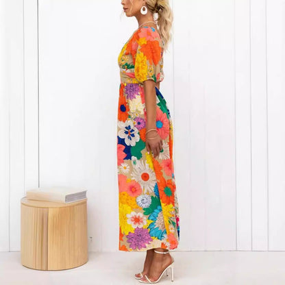 French Floral Puff Sleeve V Neck Maxi Dress