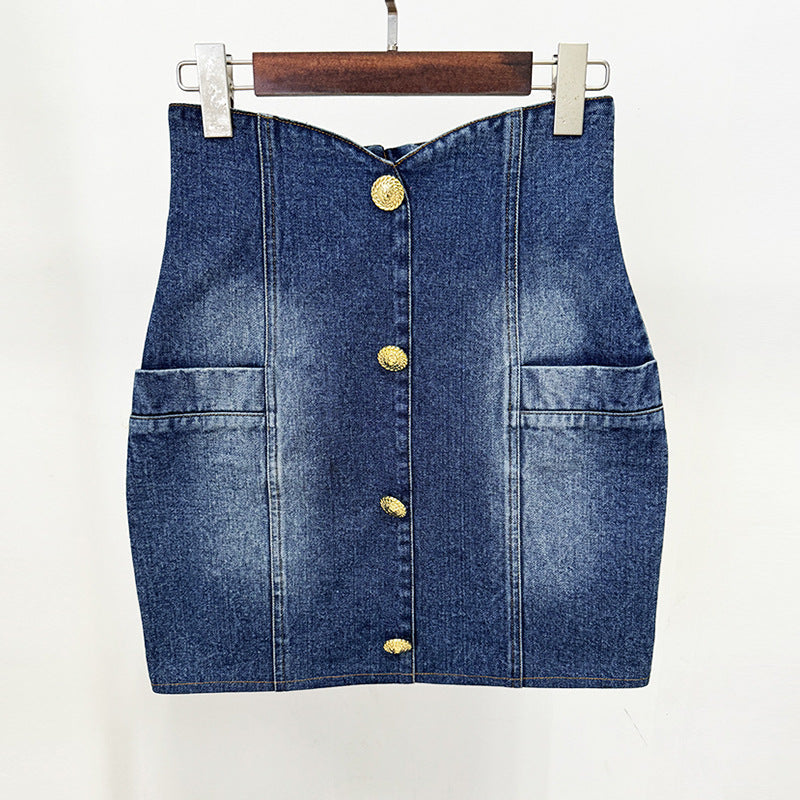Denim High-Waisted Mini Skirt with Stitching Details