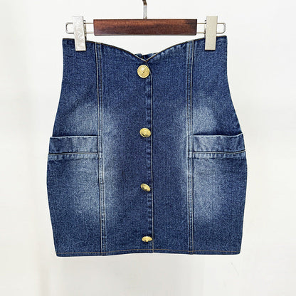 Denim High-Waisted Mini Skirt with Stitching Details